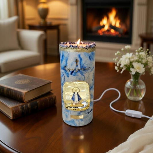 Vela Sagrada “Rogai por Nós” – Edição Celestial | Com Led - 16cm